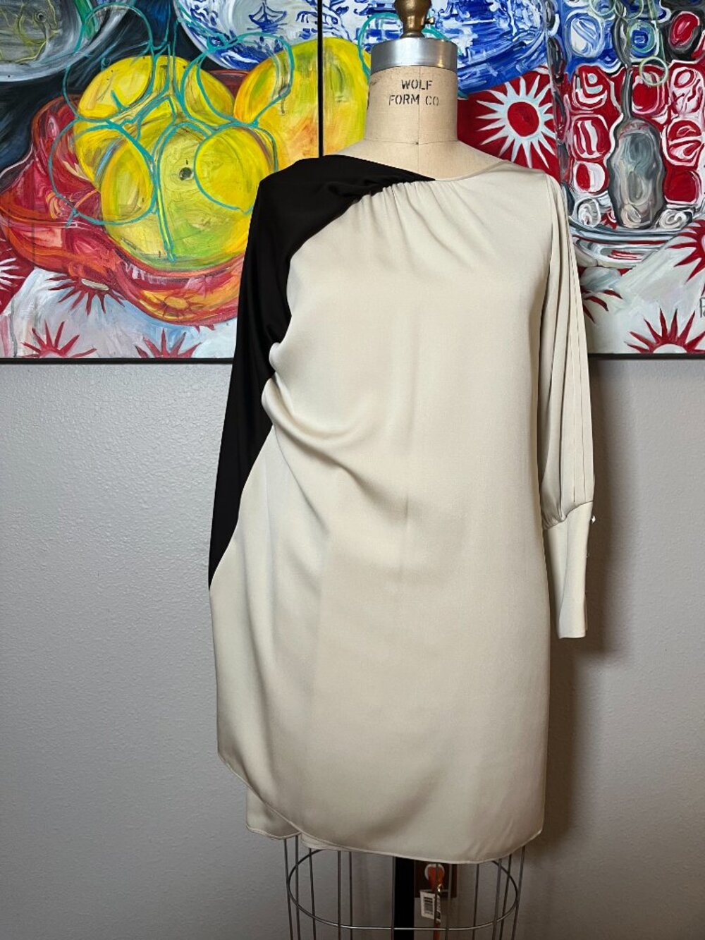 Alice + Olivia Silk Colorblock Crystal Buttons Shift Dress Ivory Brown - Picture 9 of 13
